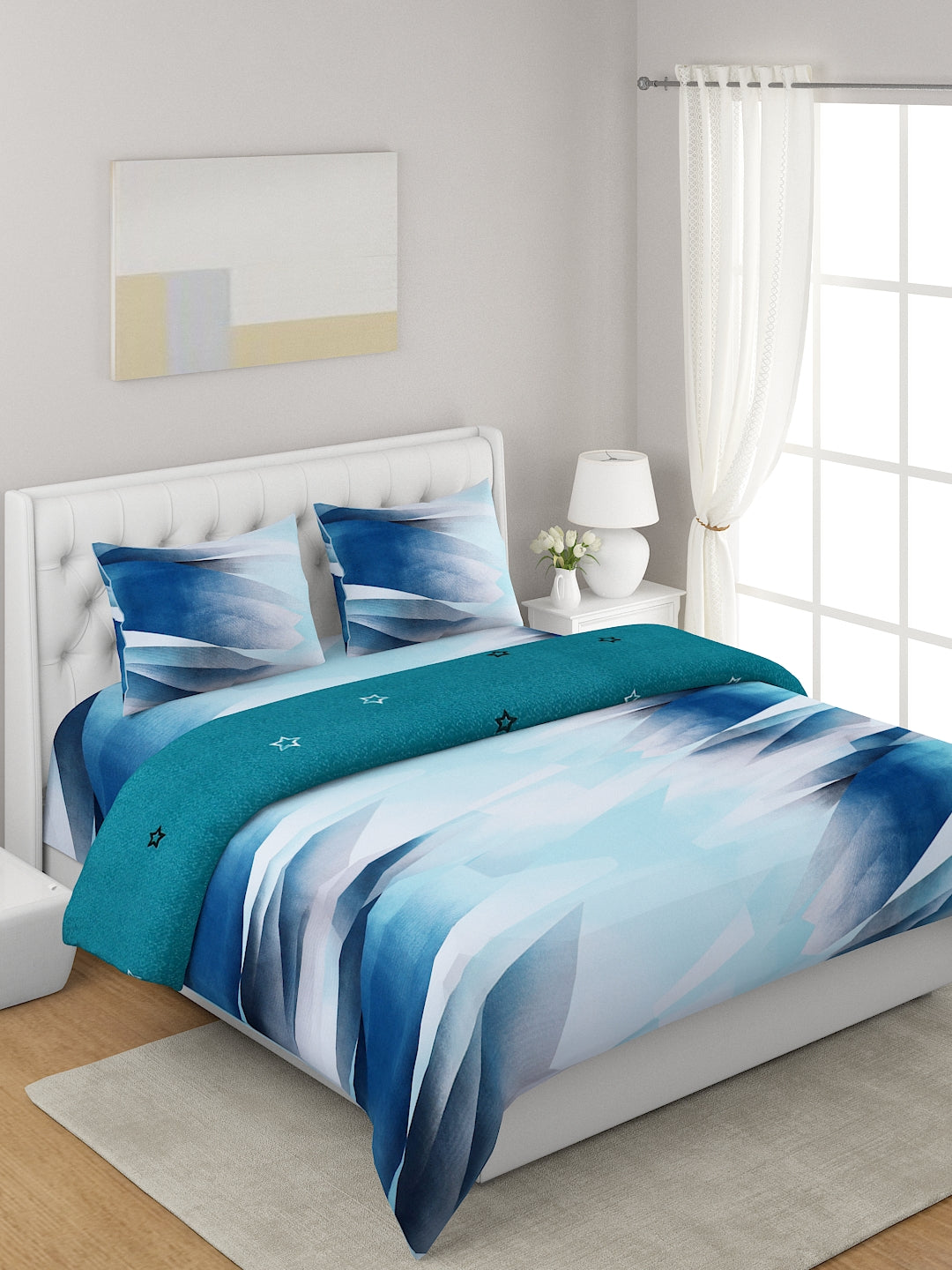 Blue & Green 4-Pcs Printed Double Queen Bedding Set