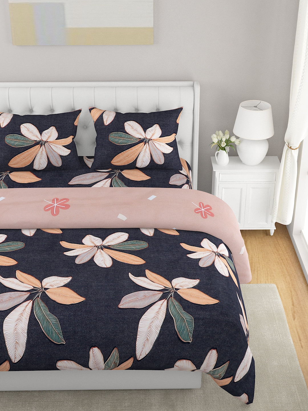 Peach Colored & Blue 4-Pcs Printed Double Queen Bedding Set