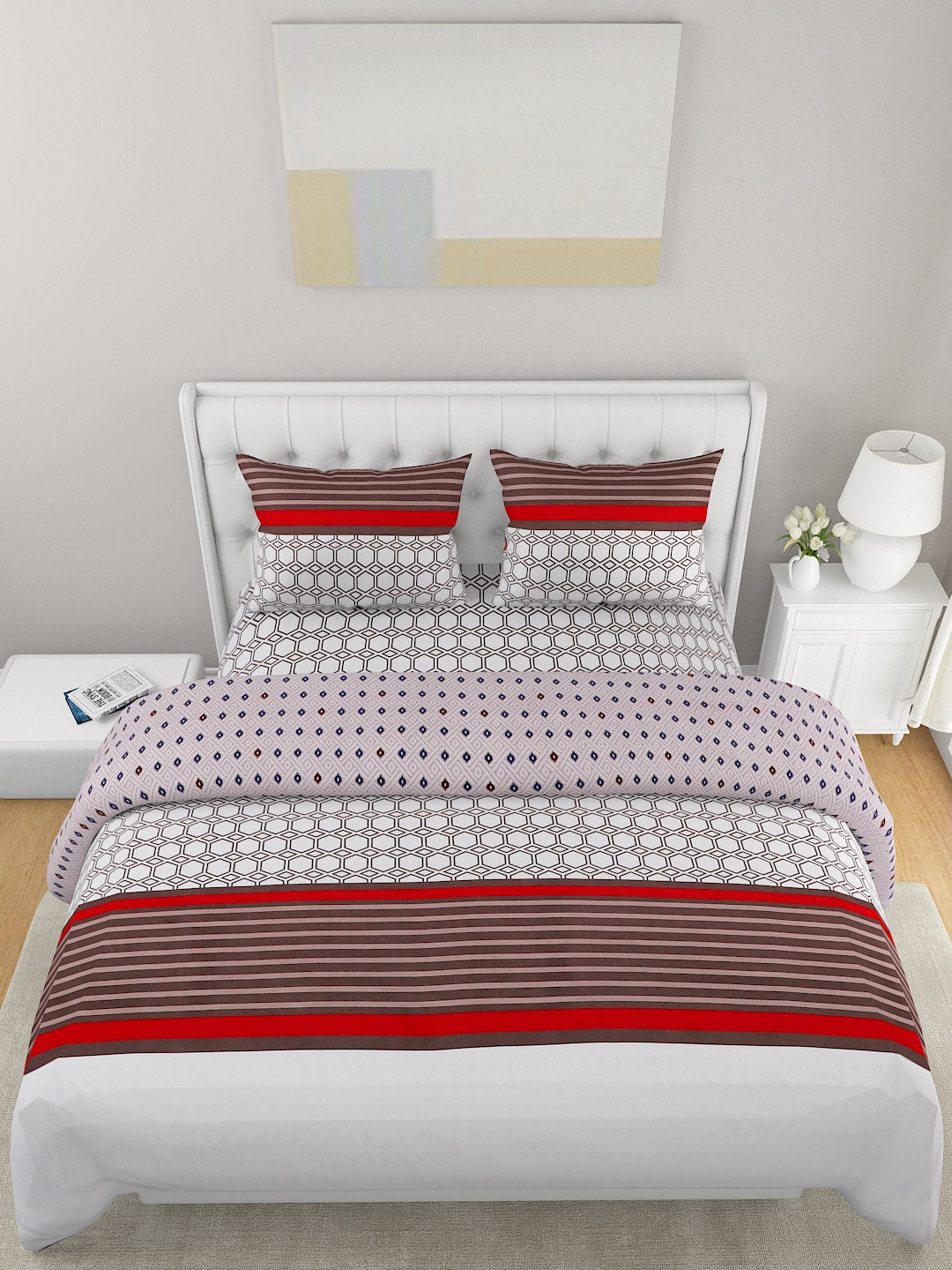 White 4-Pcs Printed Double Queen Bedding Set