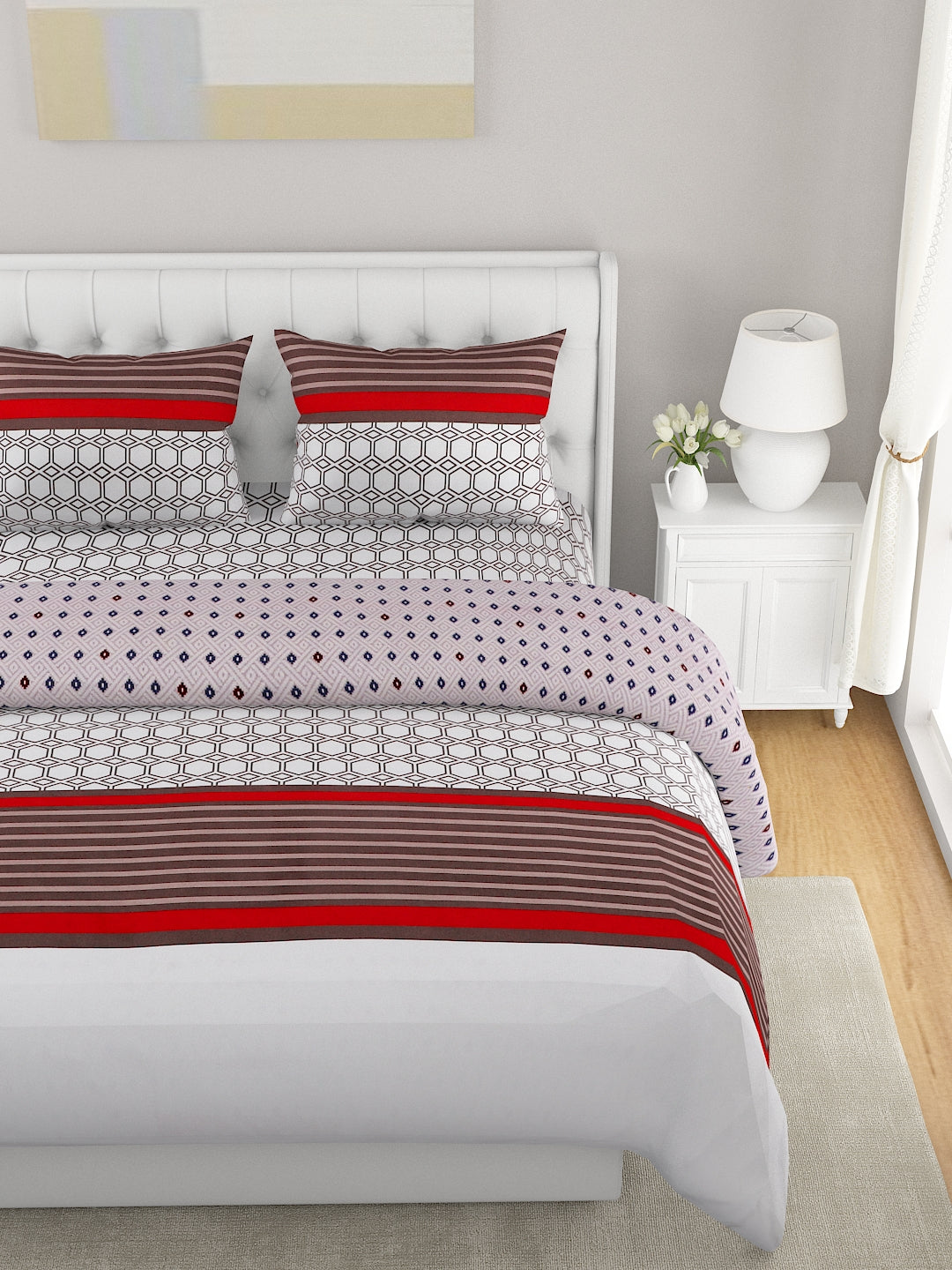 White 4-Pcs Printed Double Queen Bedding Set