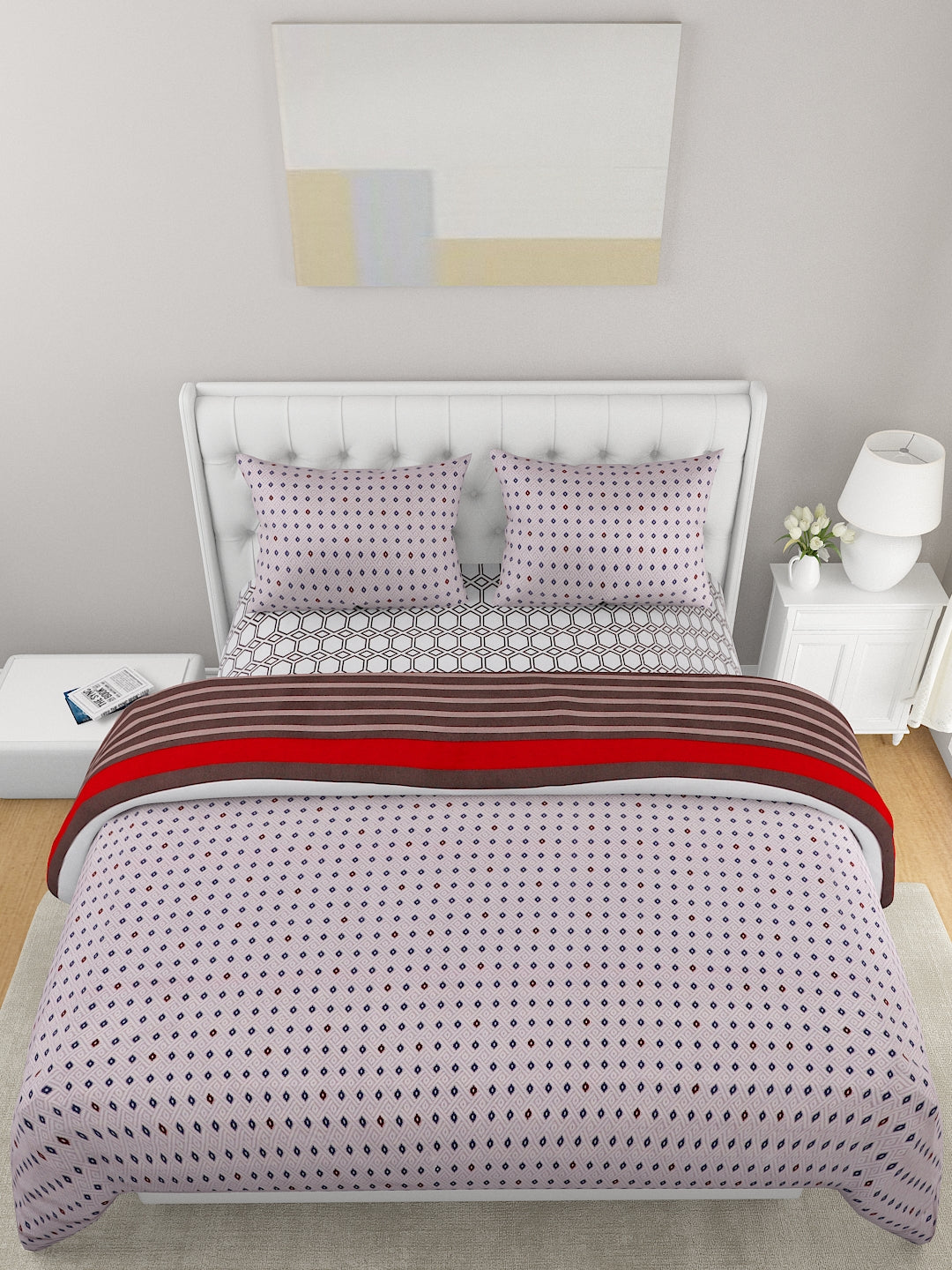 White 4-Pcs Printed Double Queen Bedding Set