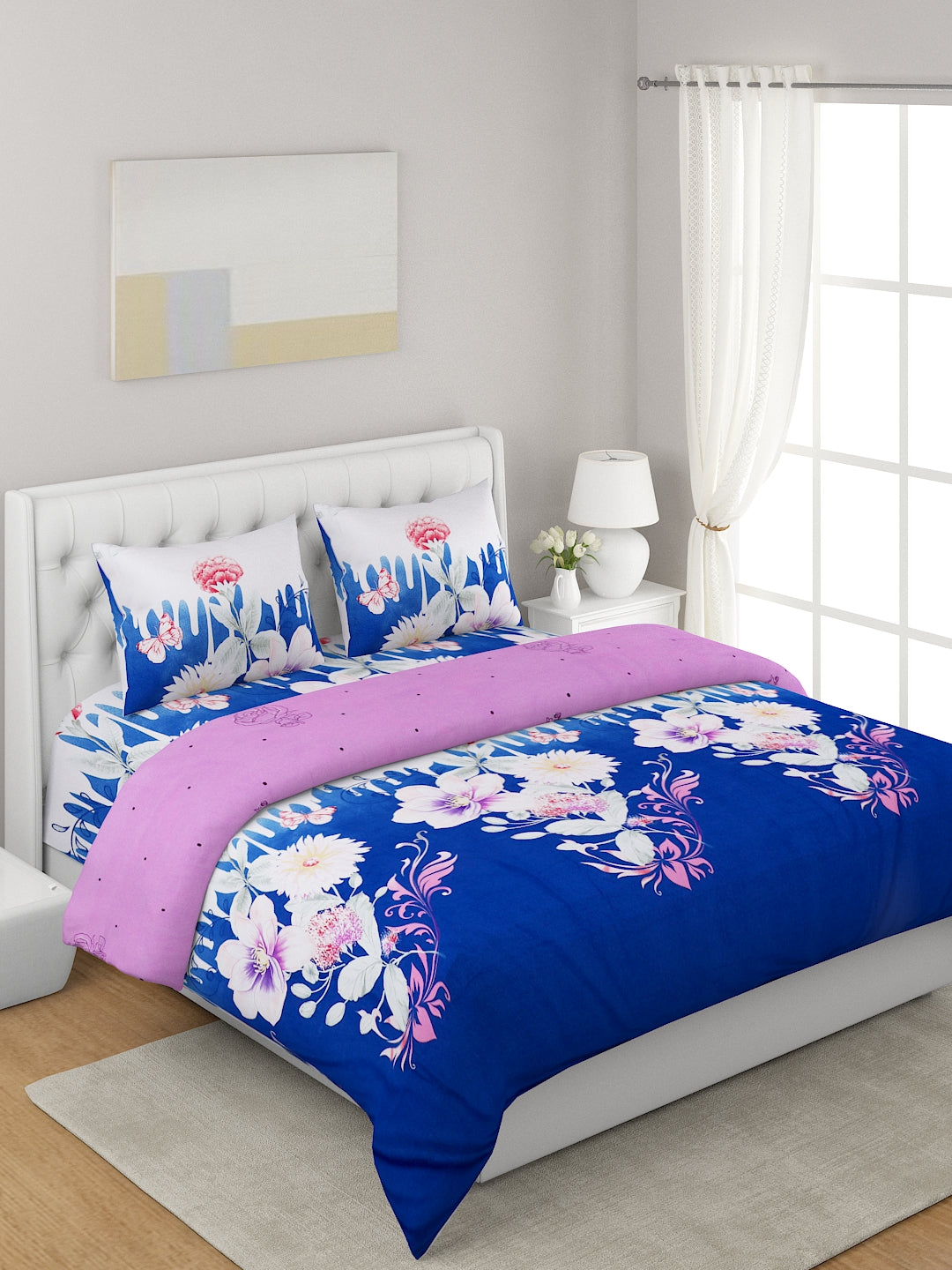 Lavender & Blue 4-Pcs Printed Double Queen Bedding Set