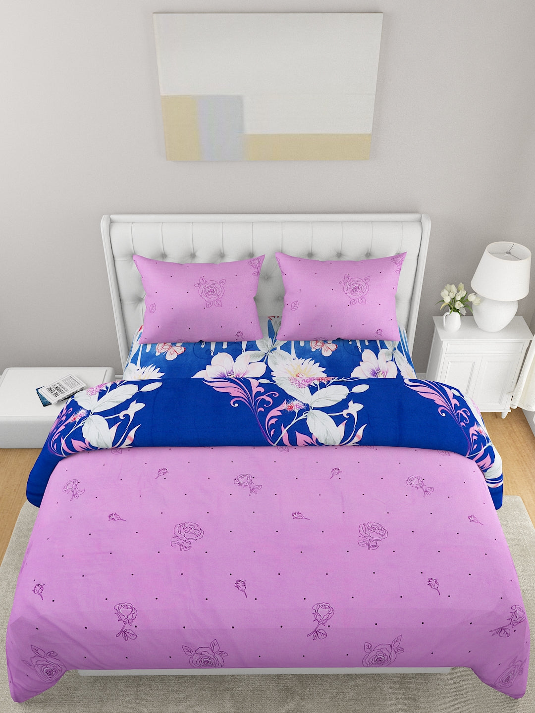 Lavender & Blue 4-Pcs Printed Double Queen Bedding Set
