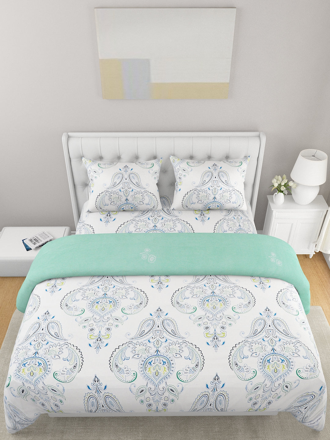 White & Green 4-Pcs Ethnic Motifs Printed Double Queen Bedding Set