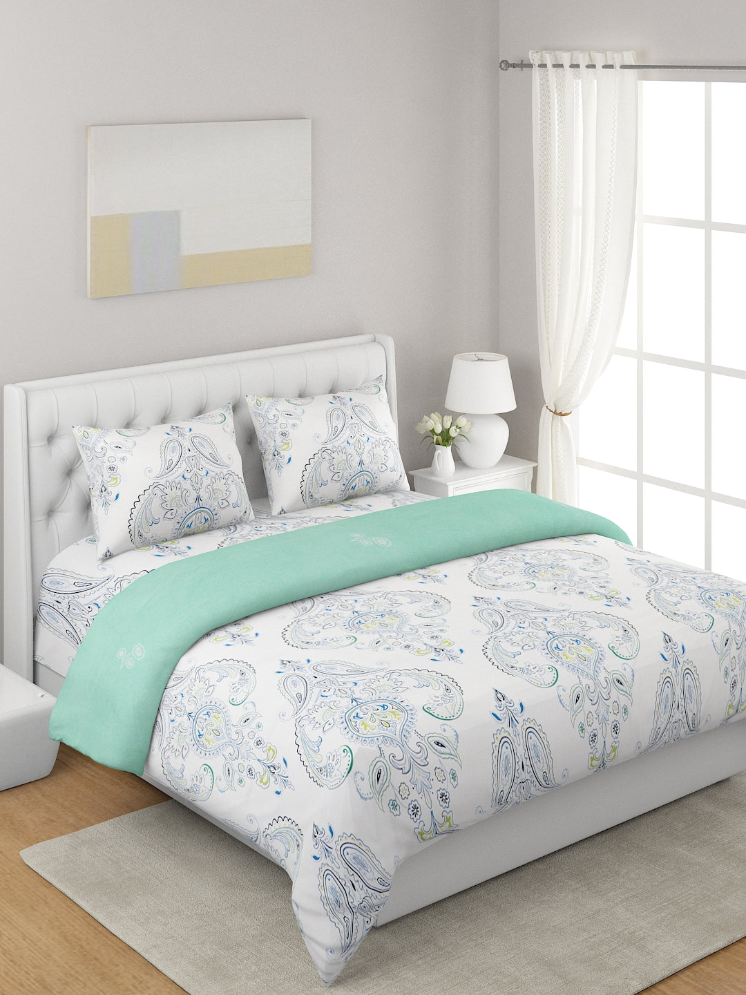 White & Green 4-Pcs Ethnic Motifs Printed Double Queen Bedding Set