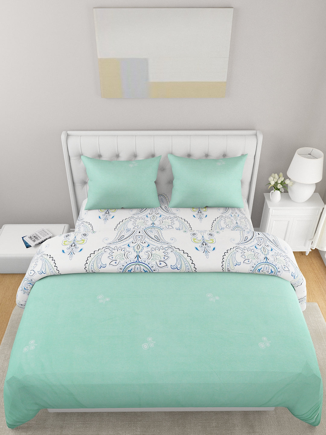 White & Green 4-Pcs Ethnic Motifs Printed Double Queen Bedding Set