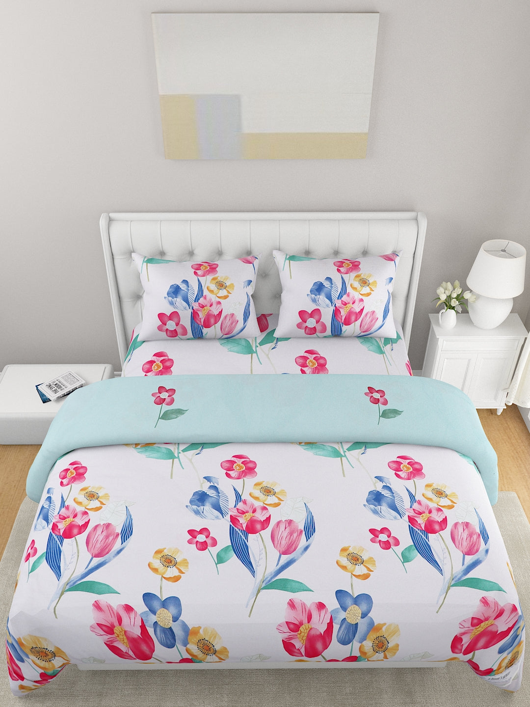 4-Pcs White Printed Double Queen Bedding Set