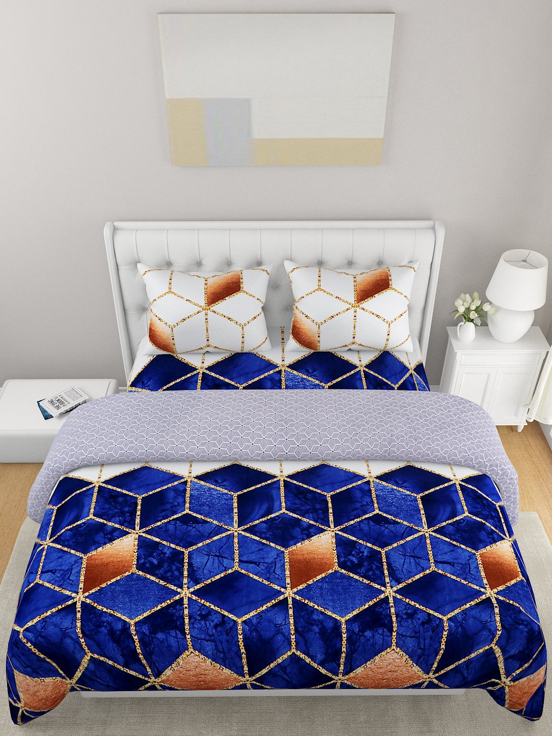 Blue & White 4-Pcs Geometric Printed Double Queen Bedding Set