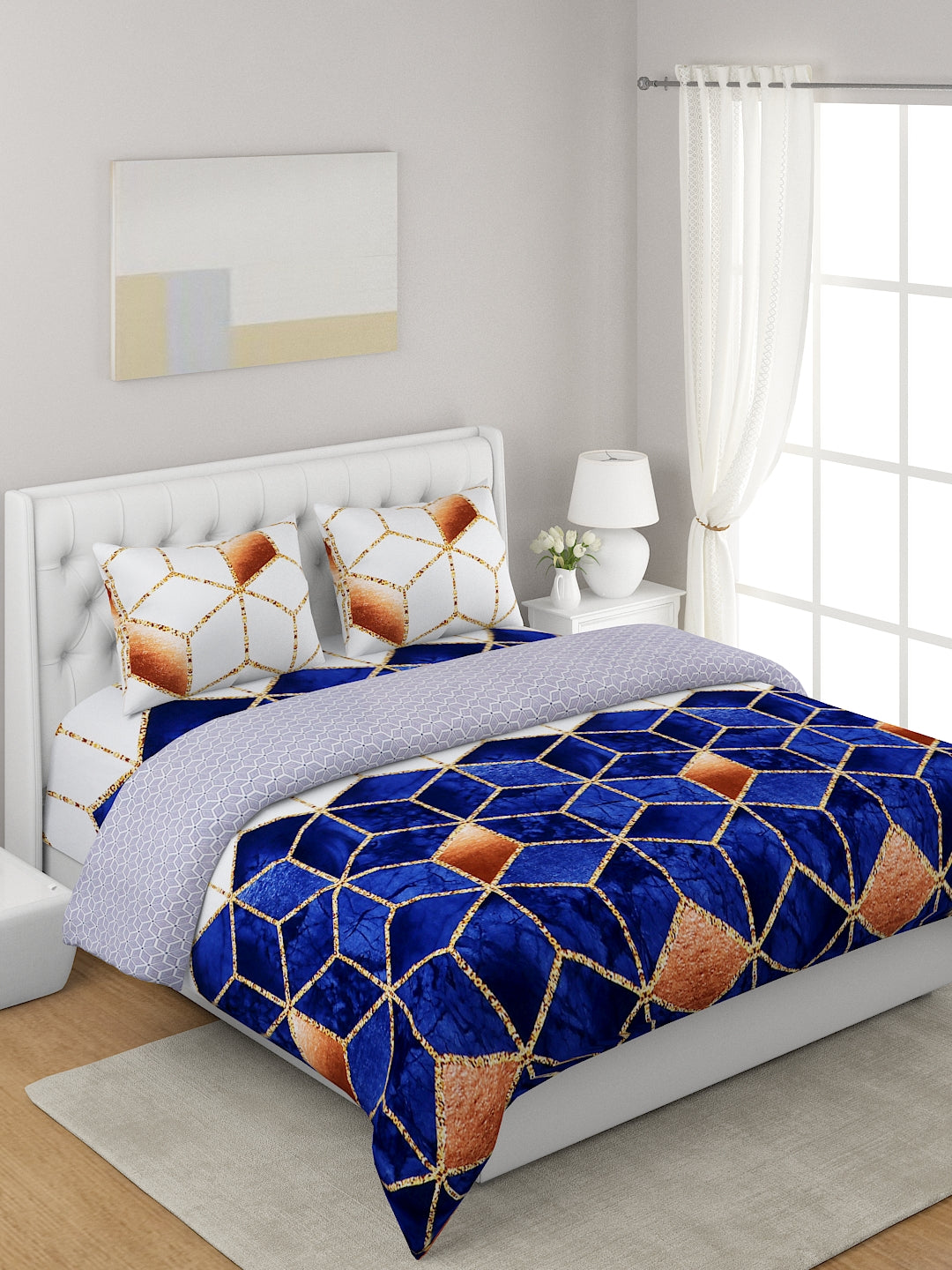 Blue & White 4-Pcs Geometric Printed Double Queen Bedding Set