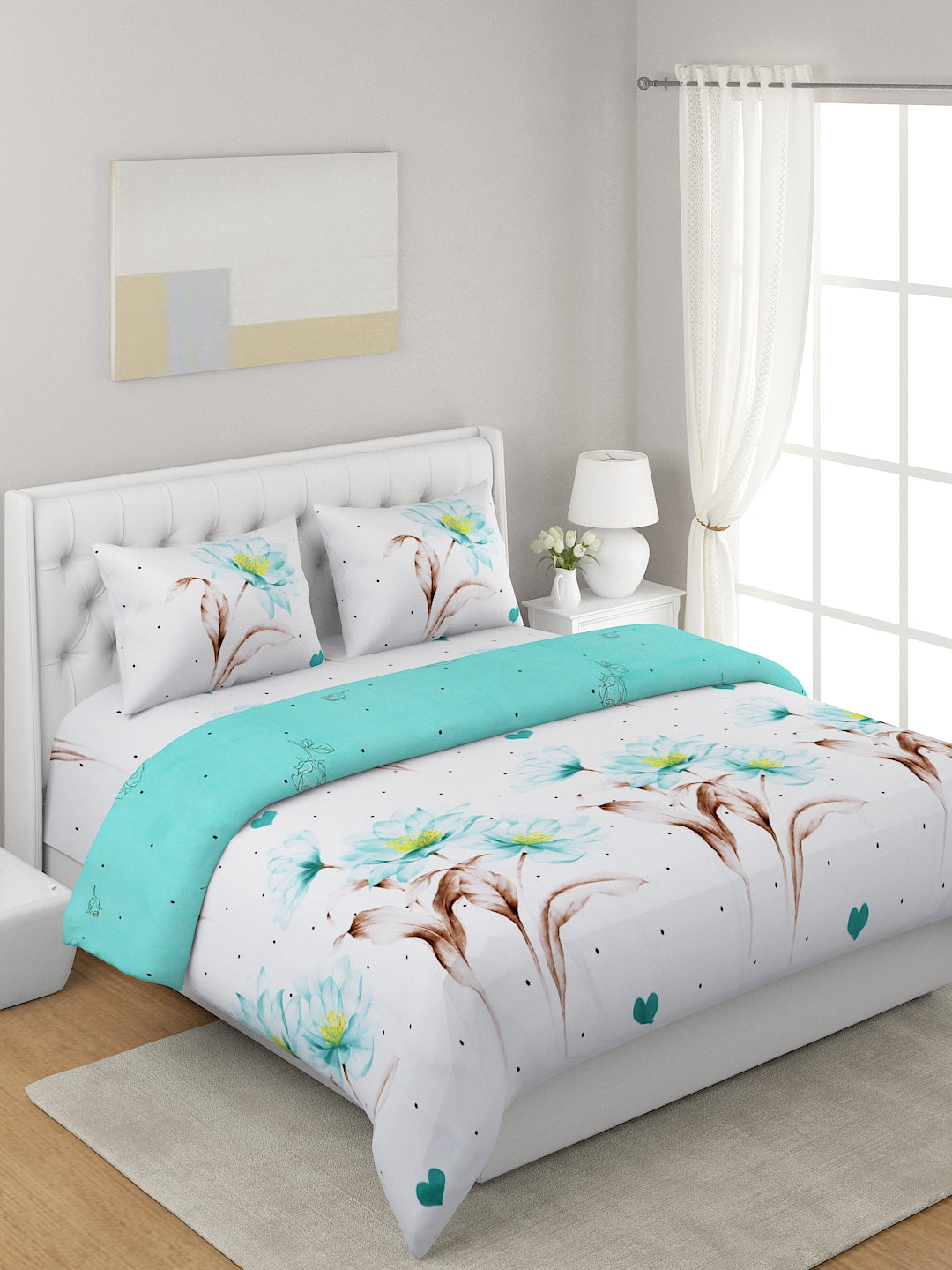Sea Green & White 4 Pieces Printed Double Queen Bedding Set