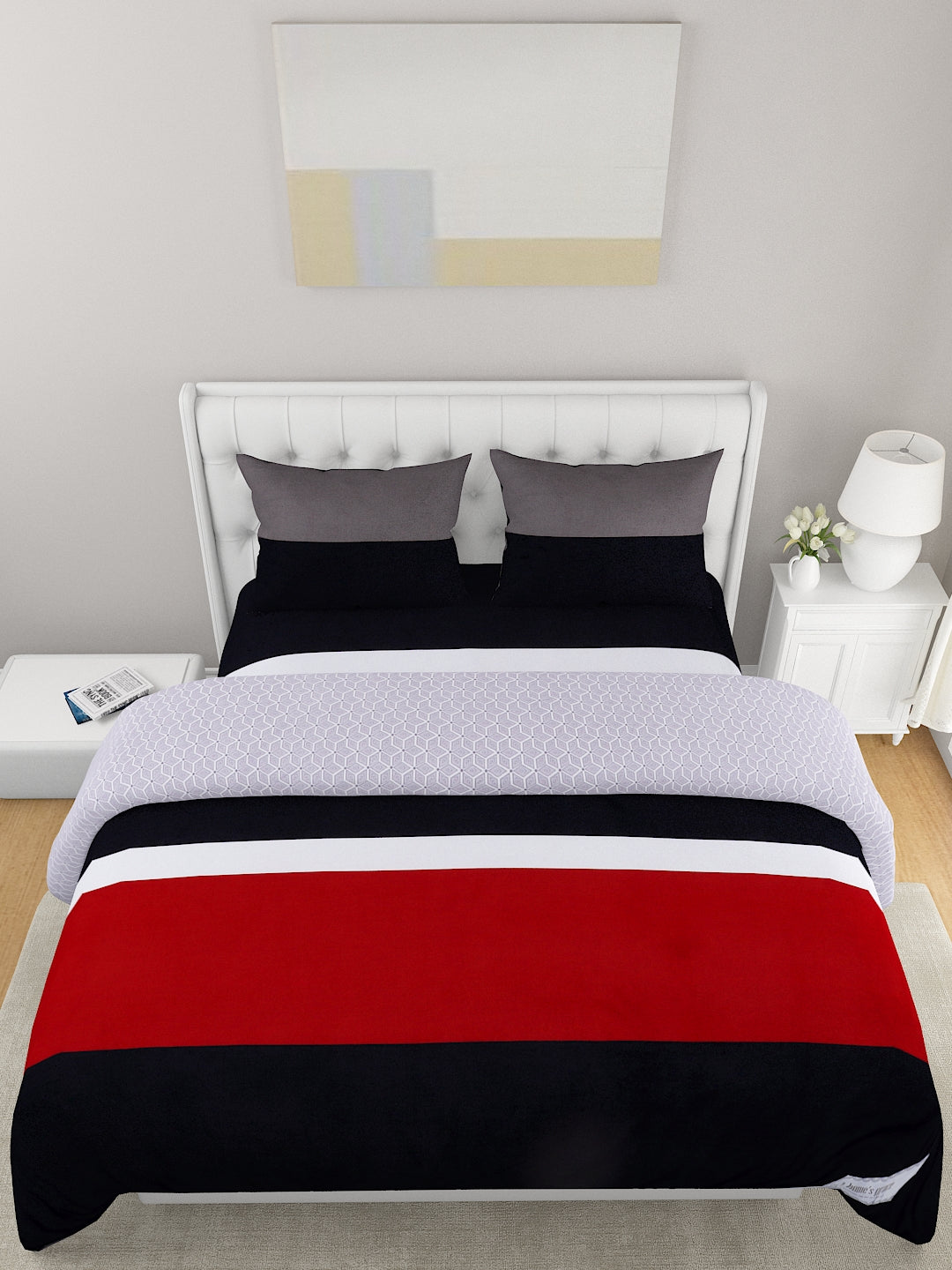 Red & White Printed Double Queen Reversible Bedding Set