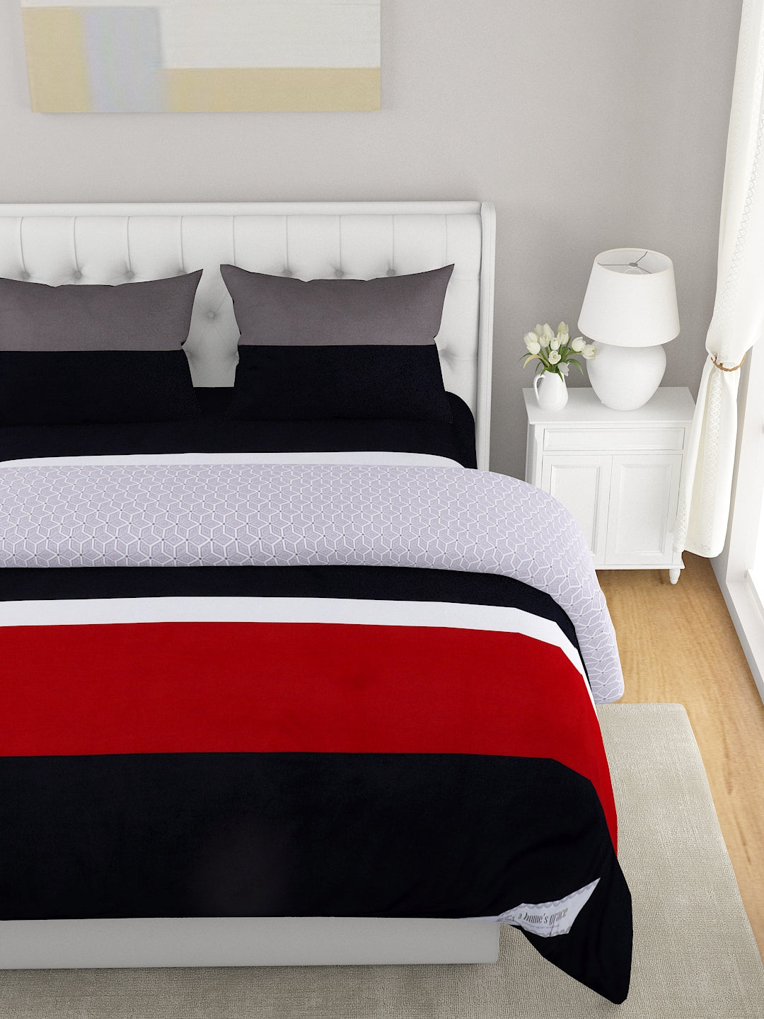 Red & White Printed Double Queen Reversible Bedding Set