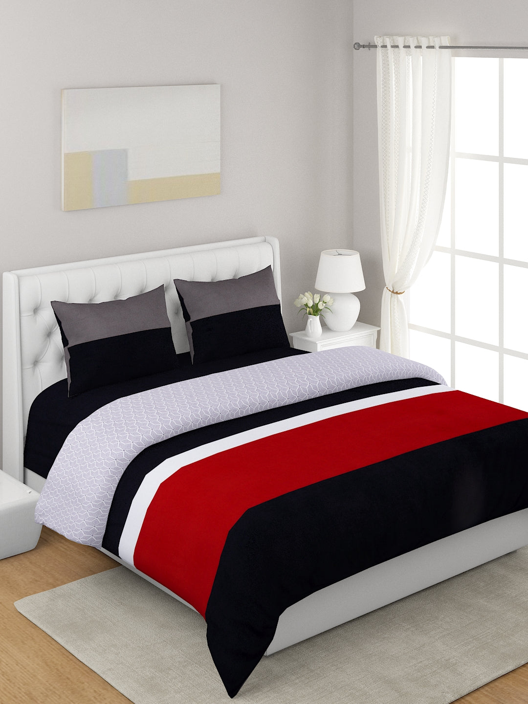 Red & White Printed Double Queen Reversible Bedding Set