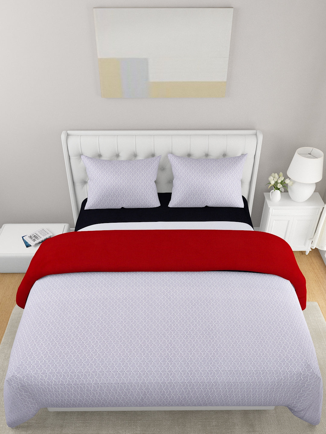 Red & White Printed Double Queen Reversible Bedding Set