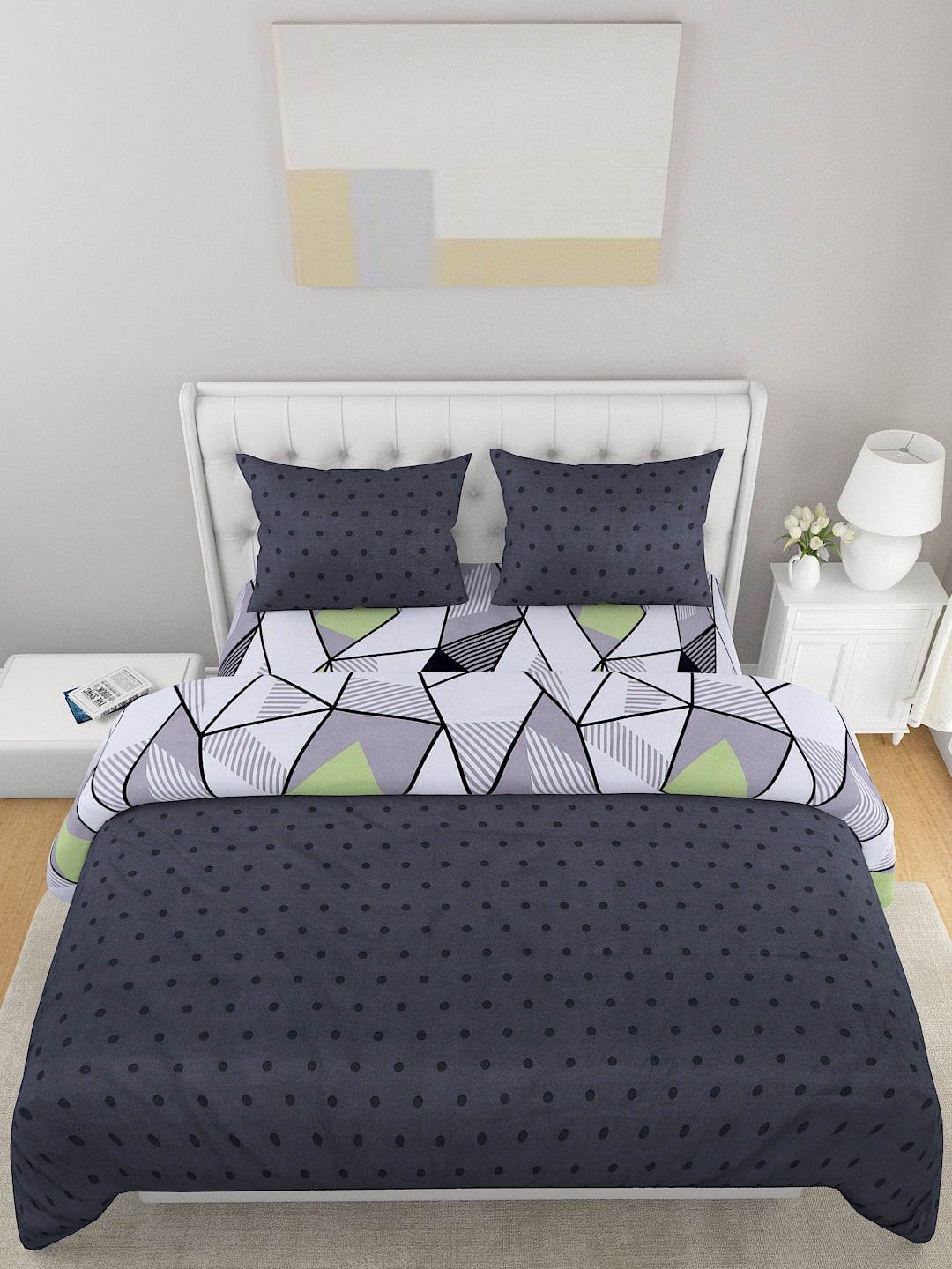 White & Grey 4 Pcs Geometric Printed Double Queen Bedding Set