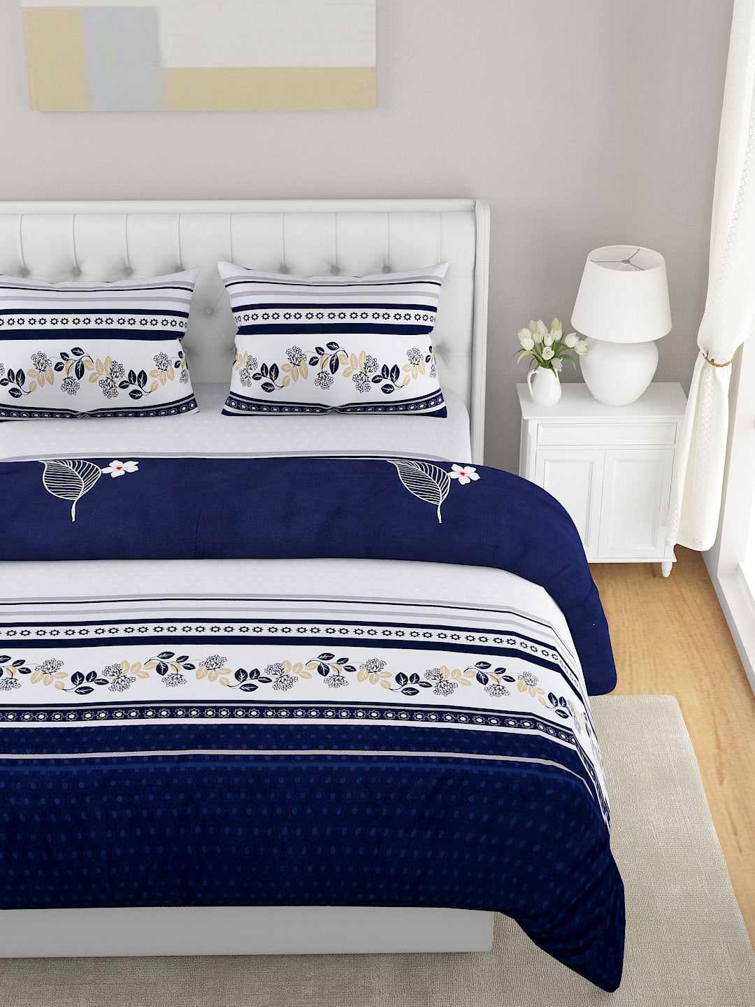 White & Navy 4-Pcs Blue Printed Double Queen Bedding Set & 2 Pillow Covers