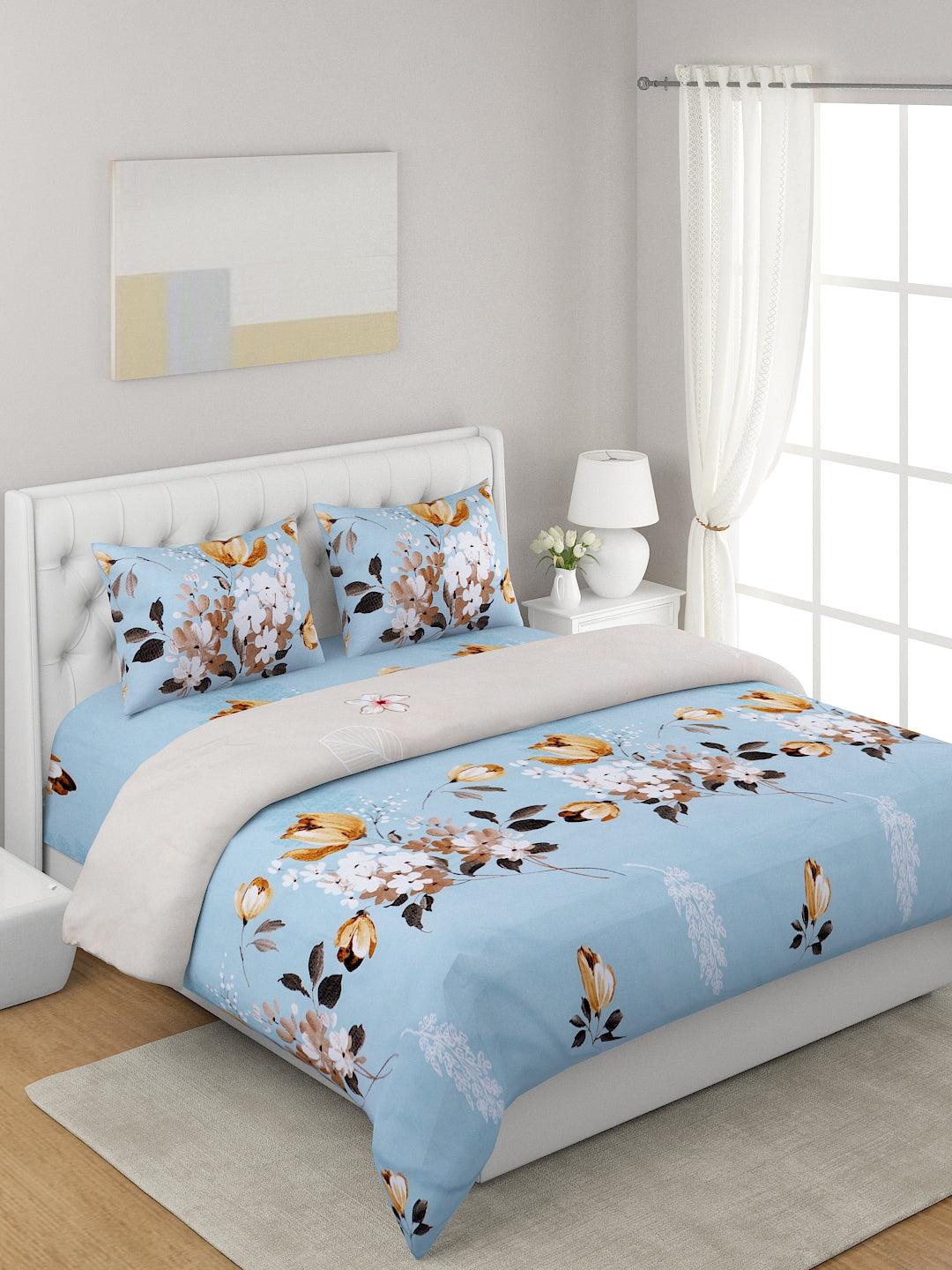 Blue & White 4-Pcs Printed Double Queen Bedding Set
