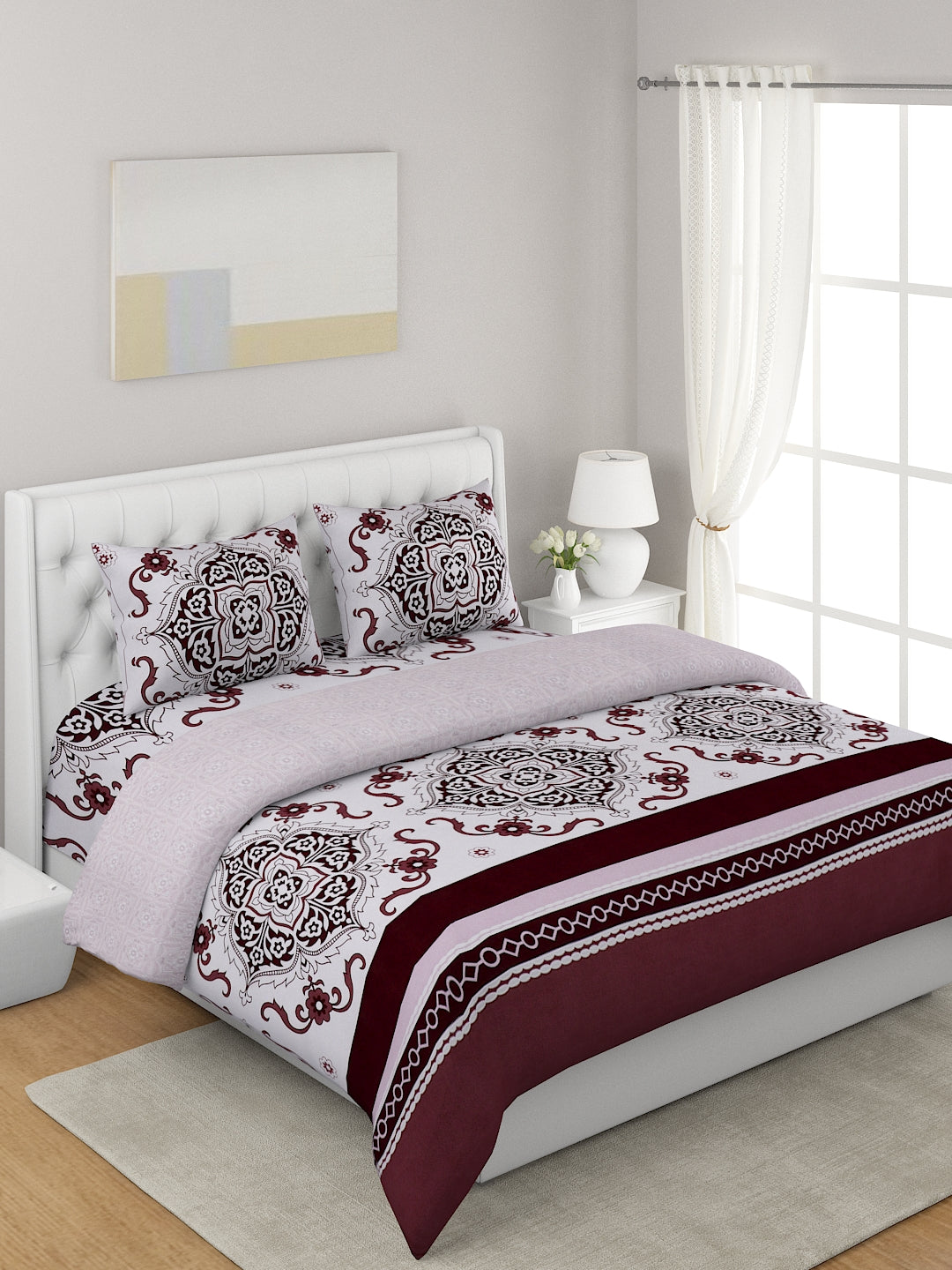 White & Brown 4 Pcs Ethnic Motifs Printed Double Queen Bedding Set