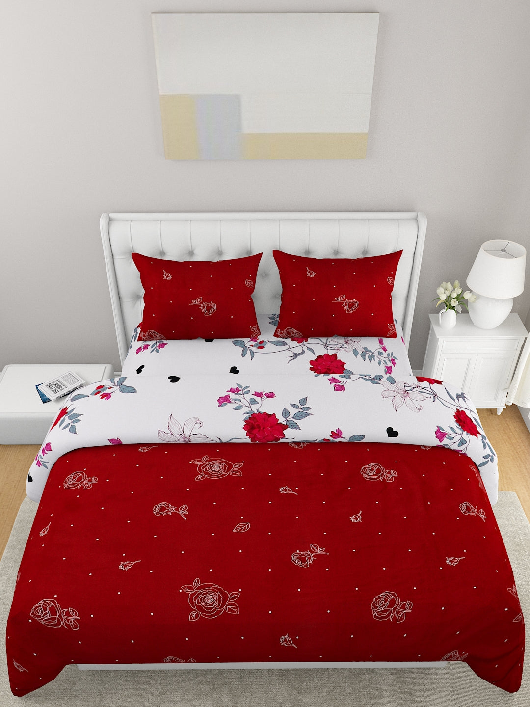 Red 4-Pcs Printed Double Queen Bedding Set