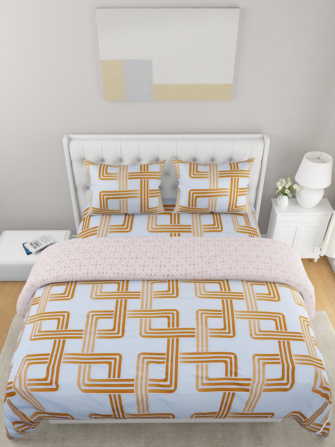 White & Mustard 4-Pcs Printed Double Queen Bedding Set & 2 Pillow Covers