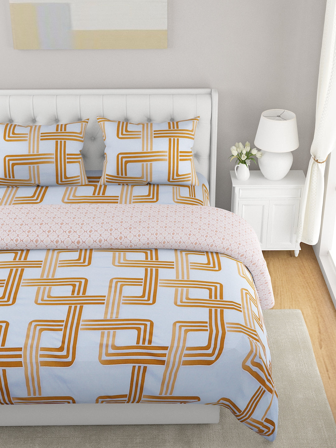 White & Mustard 4-Pcs Printed Double Queen Bedding Set & 2 Pillow Covers