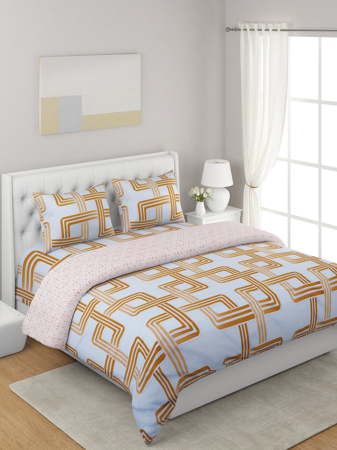 White & Mustard 4-Pcs Printed Double Queen Bedding Set & 2 Pillow Covers