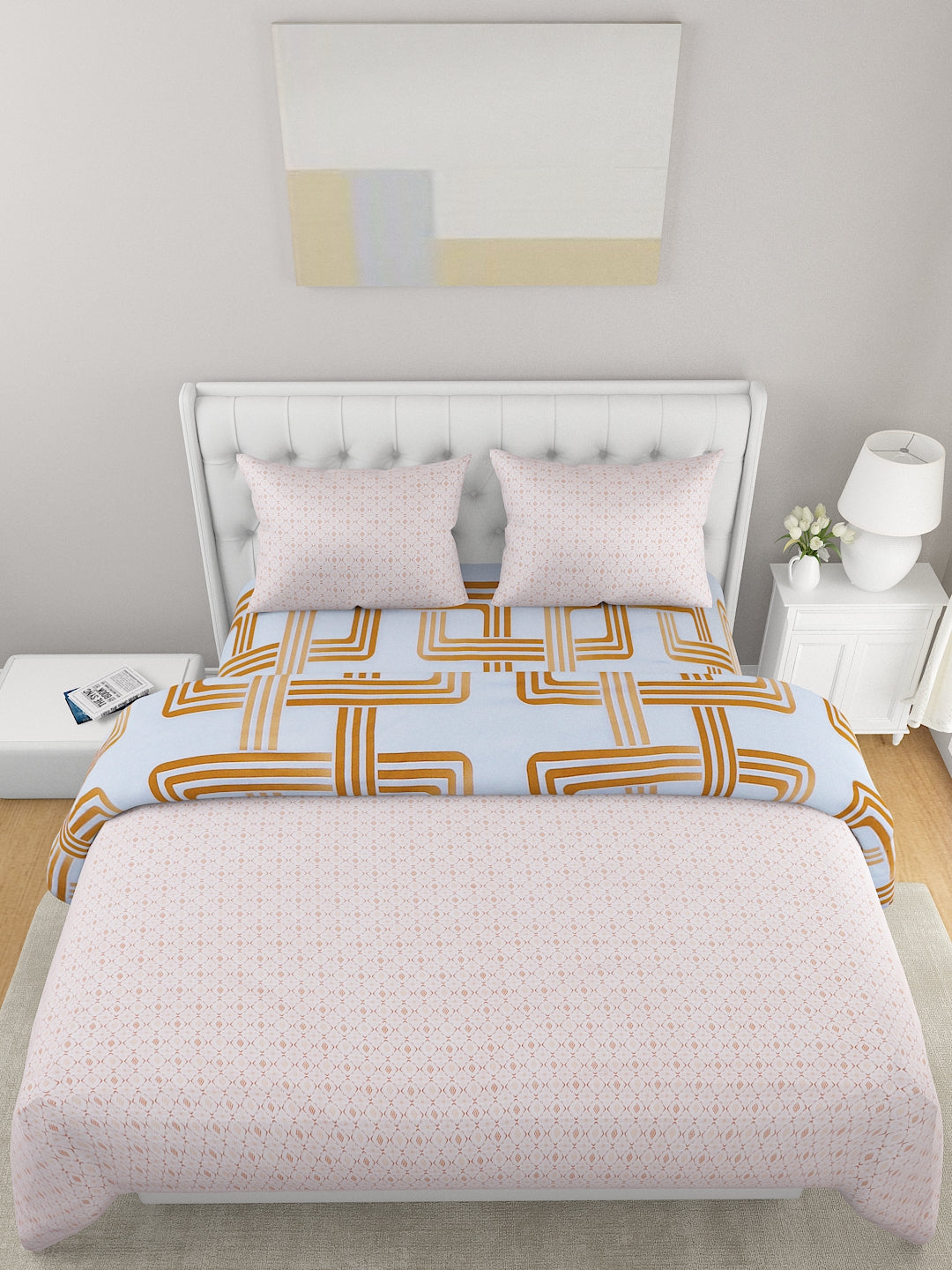 White & Mustard 4-Pcs Printed Double Queen Bedding Set & 2 Pillow Covers
