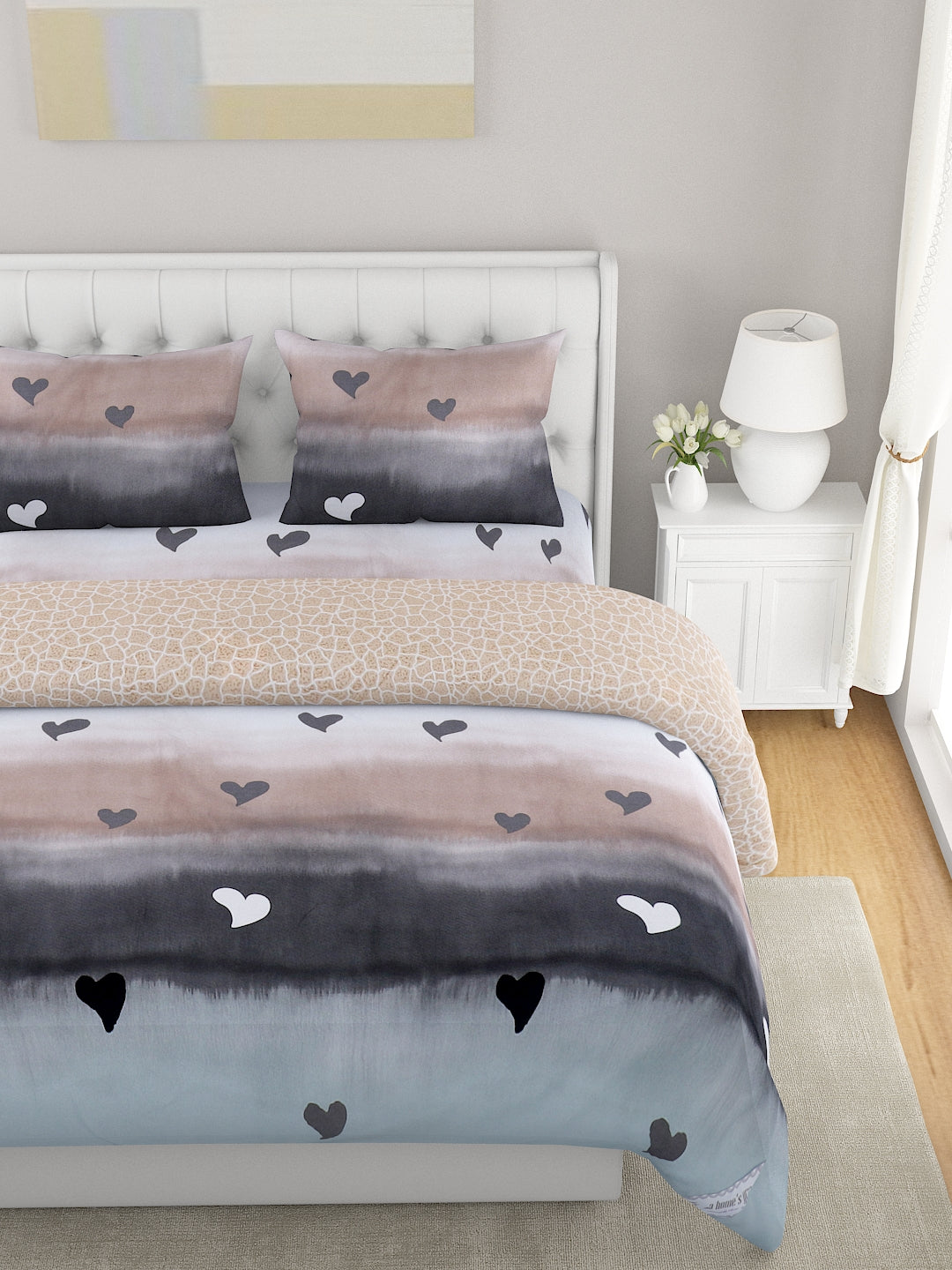 Blue & Beige 4-Pcs Geometric Printed Double Queen Bedding Set