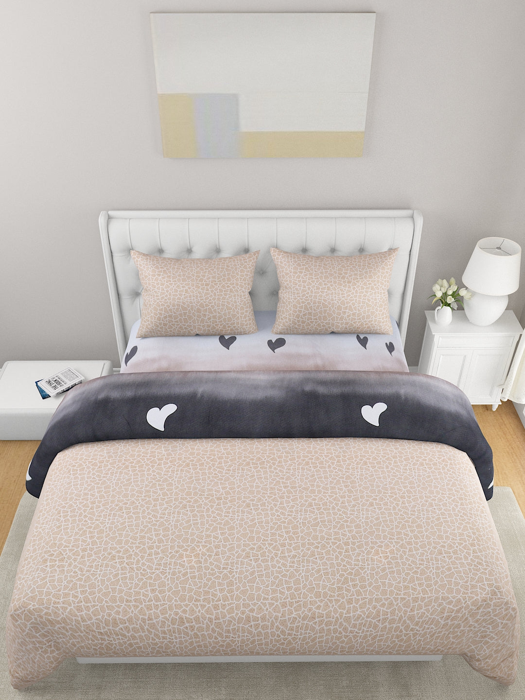 Blue & Beige 4-Pcs Geometric Printed Double Queen Bedding Set