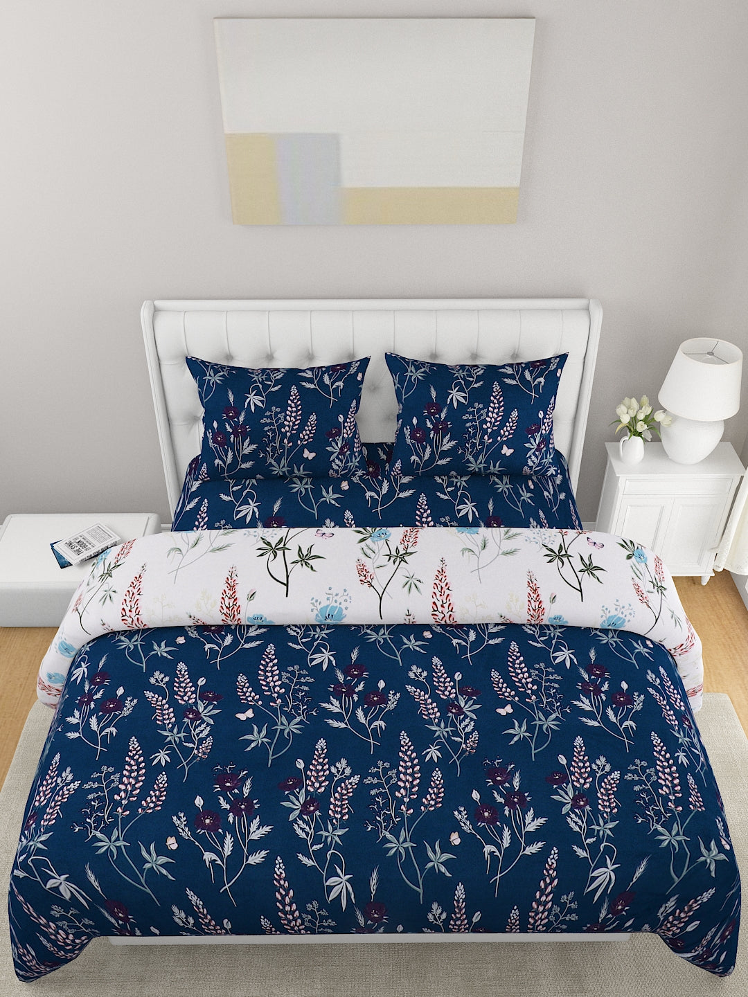 Blue & White 4 Pcs Floral Printed Double Queen Bedding Set