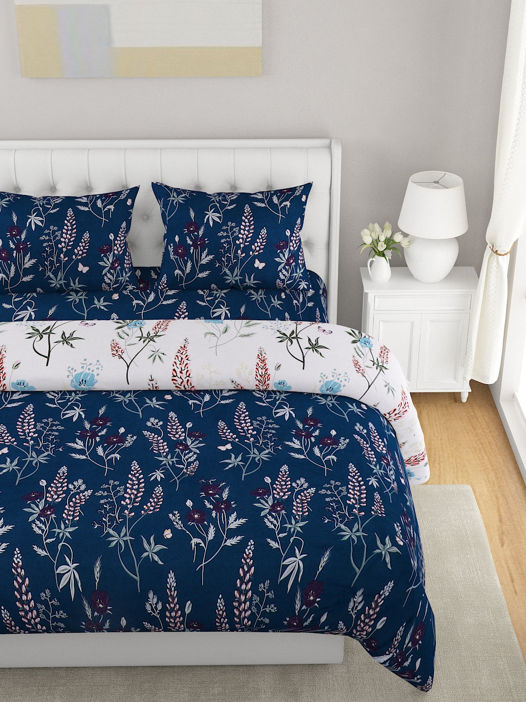 Blue & White 4 Pcs Floral Printed Double Queen Bedding Set