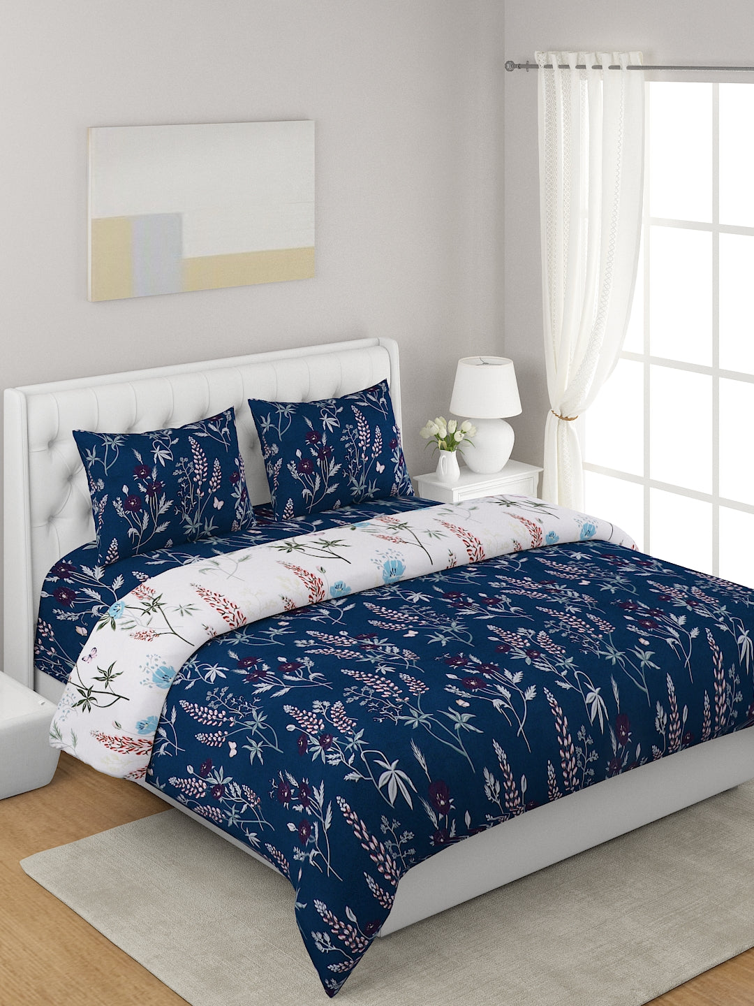 Blue & White 4 Pcs Floral Printed Double Queen Bedding Set
