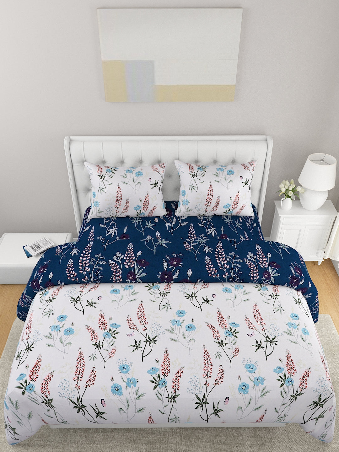 Blue & White 4 Pcs Floral Printed Double Queen Bedding Set