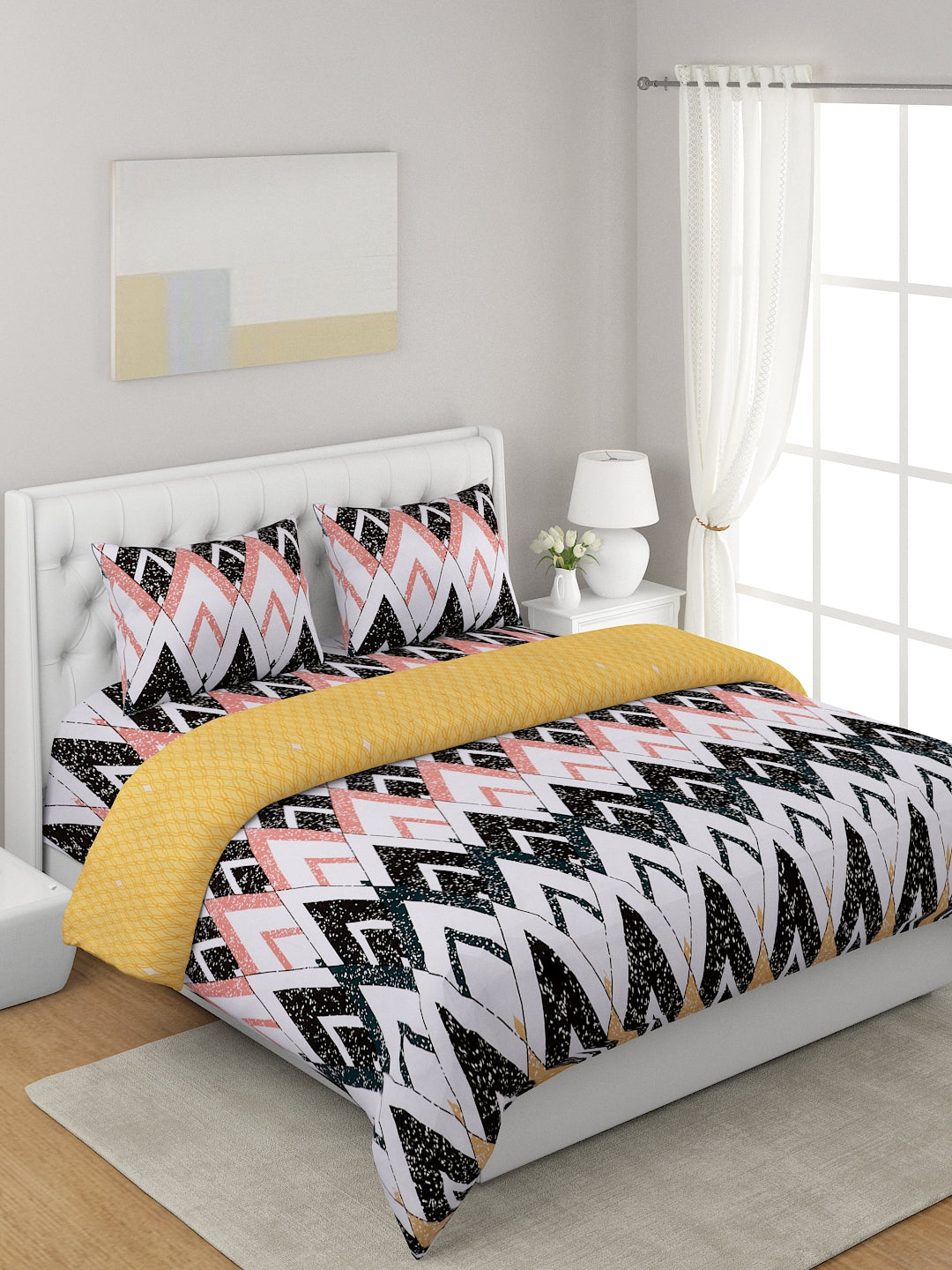 Yellow & White 4 Pcs Geometric Printed Double Queen Bedding Set