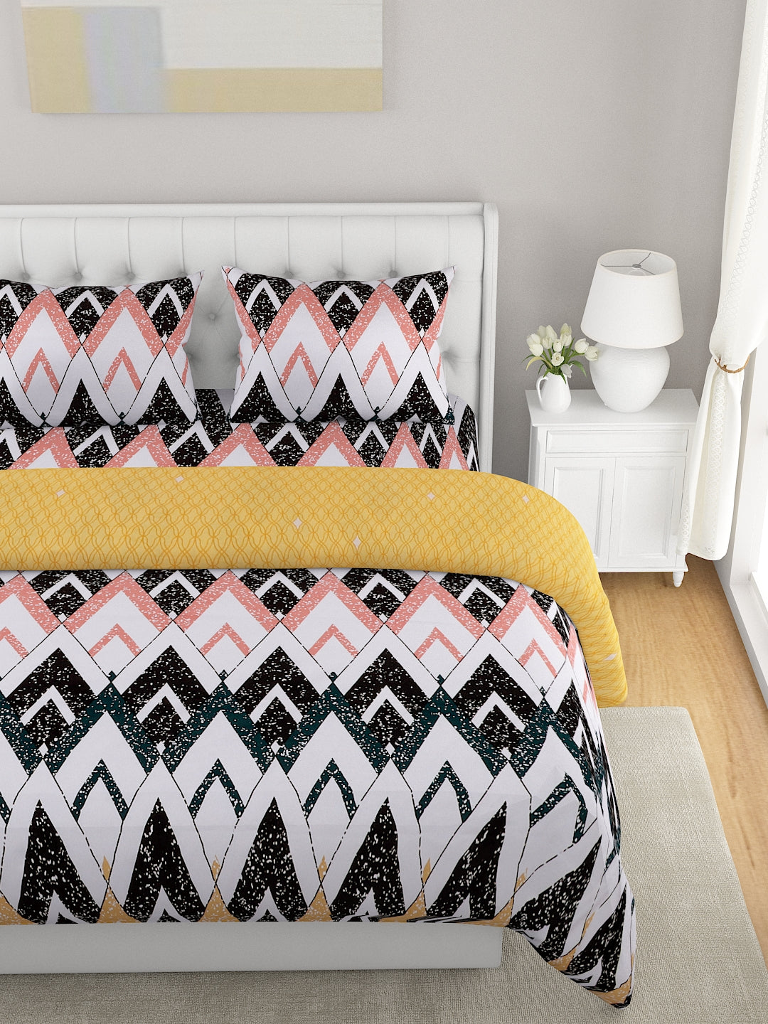 Yellow & White 4 Pcs Geometric Printed Double Queen Bedding Set