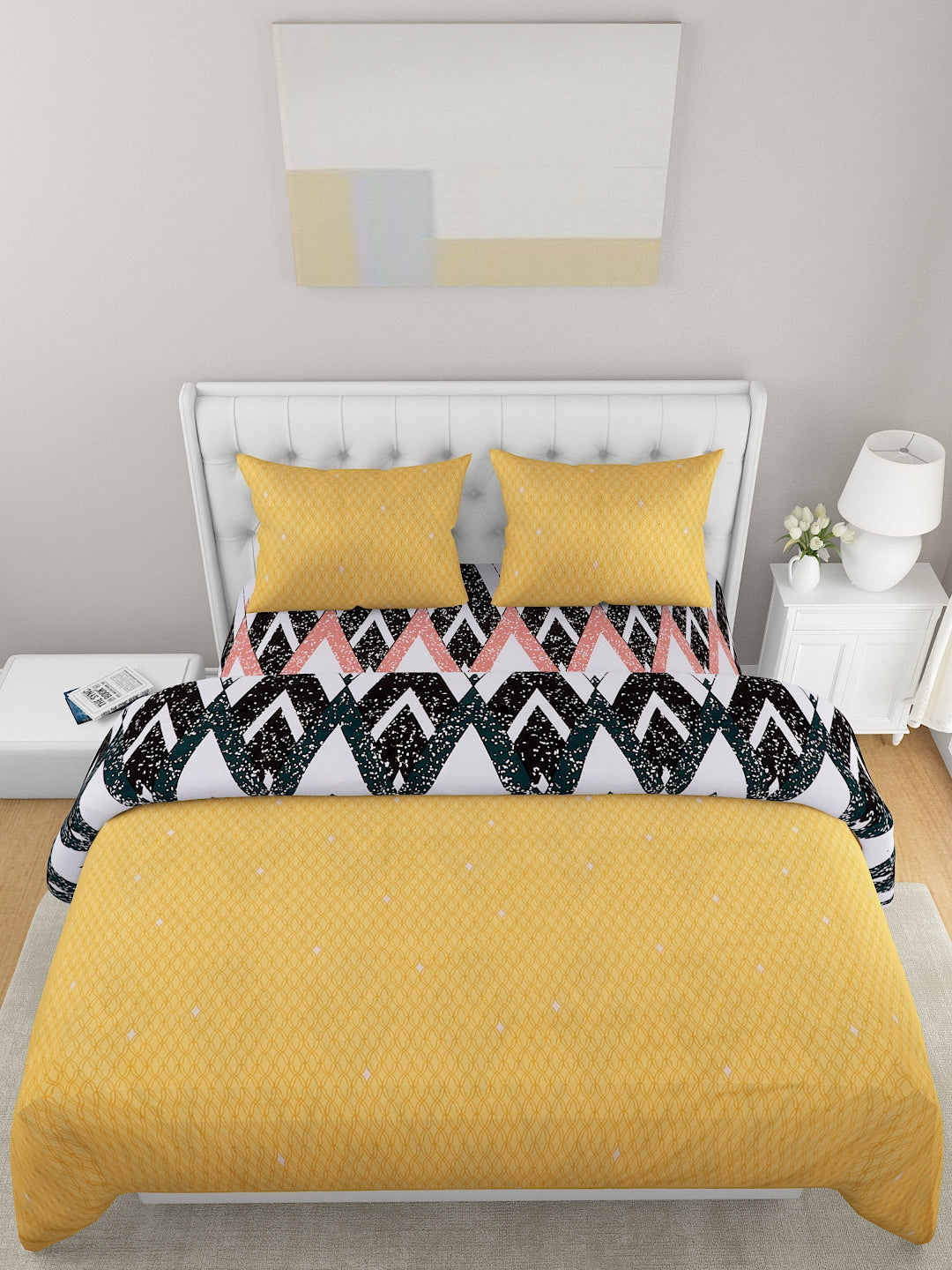 Yellow & White 4 Pcs Geometric Printed Double Queen Bedding Set