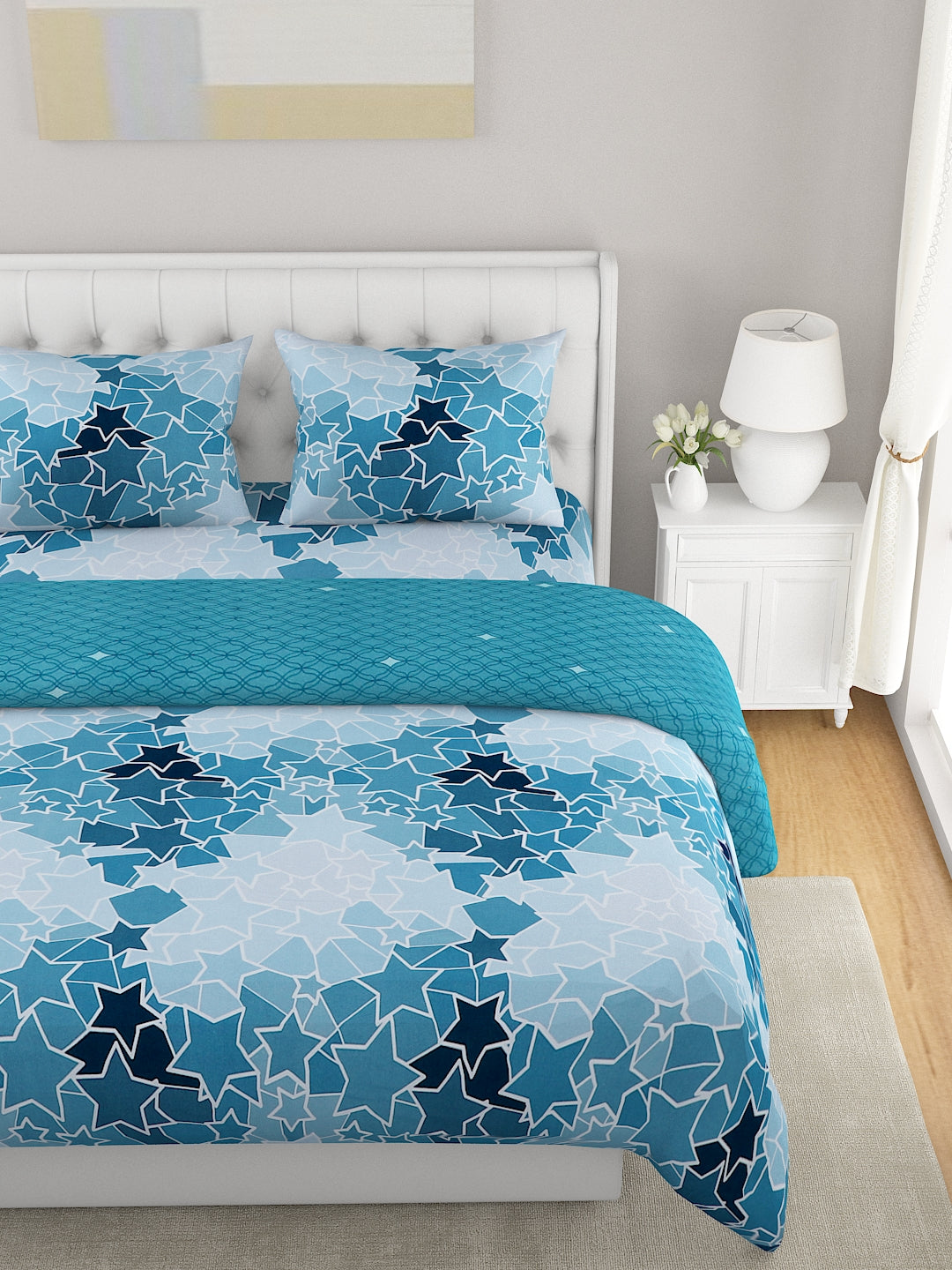 Turquoise Blue & White 4 Pcs Geometric Double Queen Cotton Bedding Set