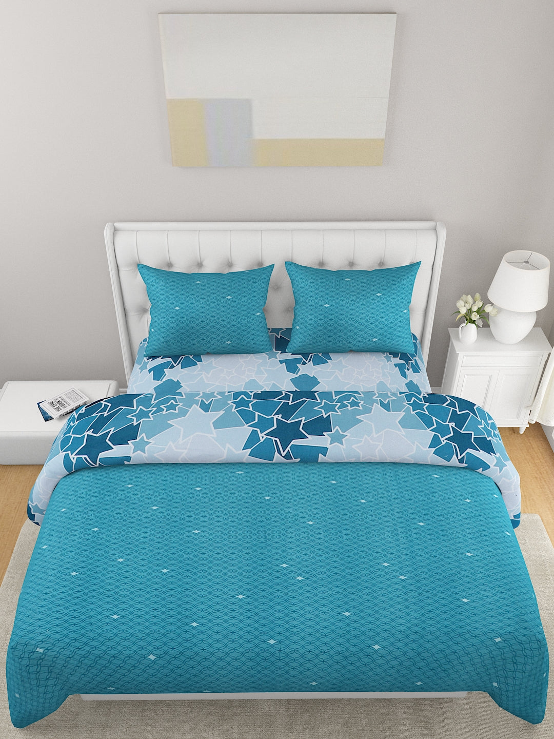Turquoise Blue & White 4 Pcs Geometric Double Queen Cotton Bedding Set