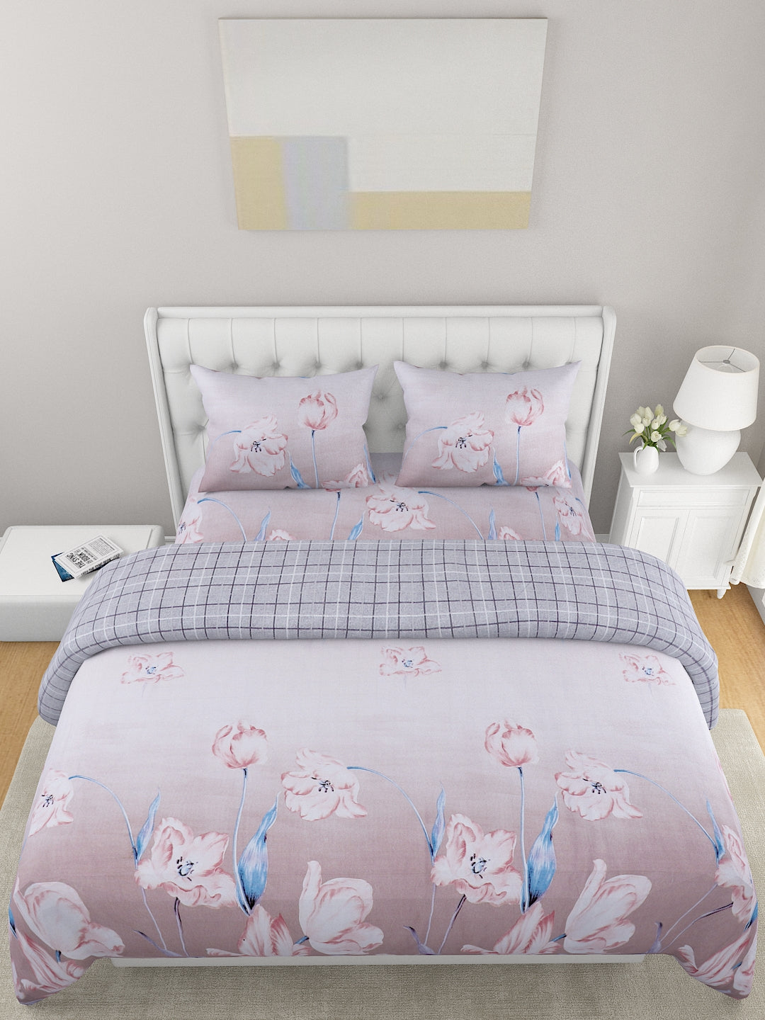 Beige White Floral Printed Double Queen Bedding Set