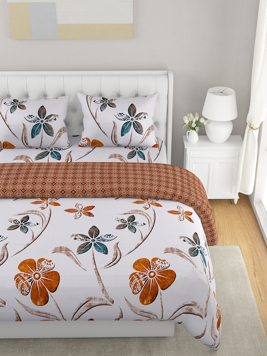 Brown & White Printed Double Queen Bedding Set