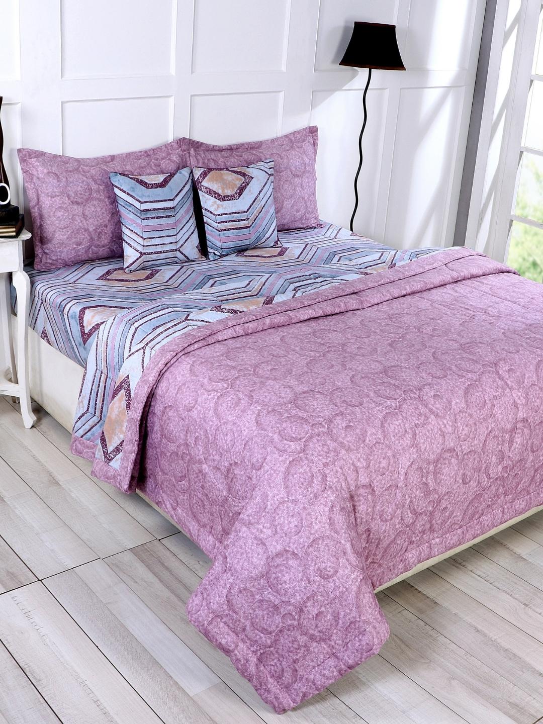 Cotton 6 Pcs Double Bed Bedding Set- Muave and Grey