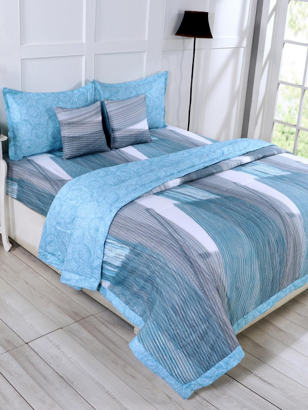 Cotton 6 Pcs Double Bed Bedding Set-Blue and Grey