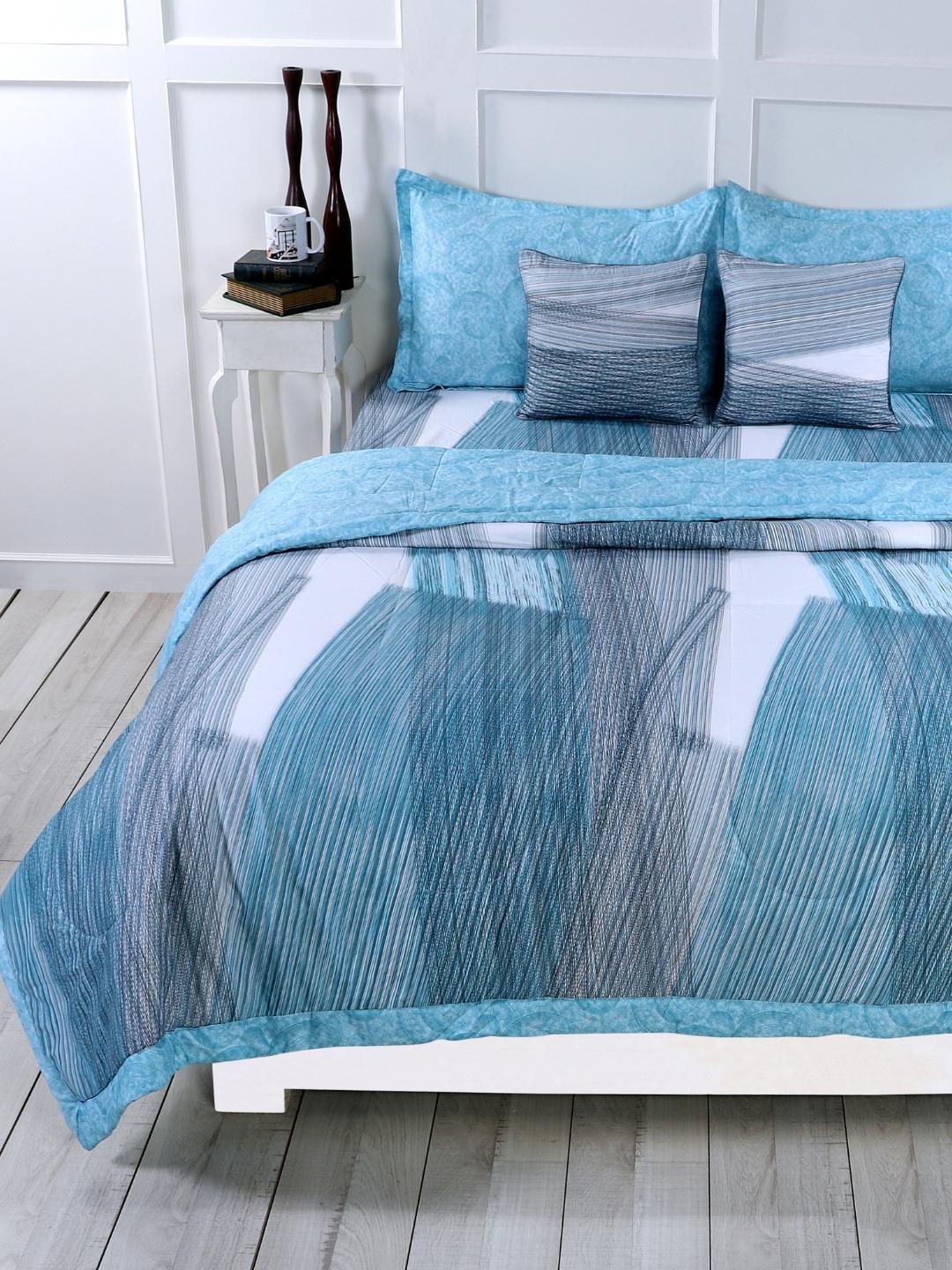 Cotton 6 Pcs Double Bed Bedding Set-Blue and Grey