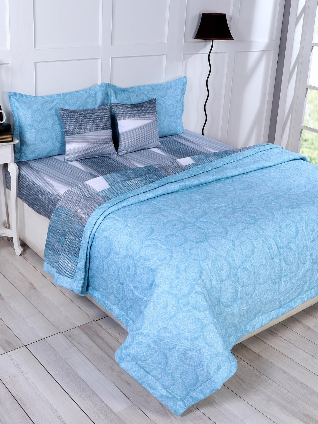 Cotton 6 Pcs Double Bed Bedding Set-Blue and Grey