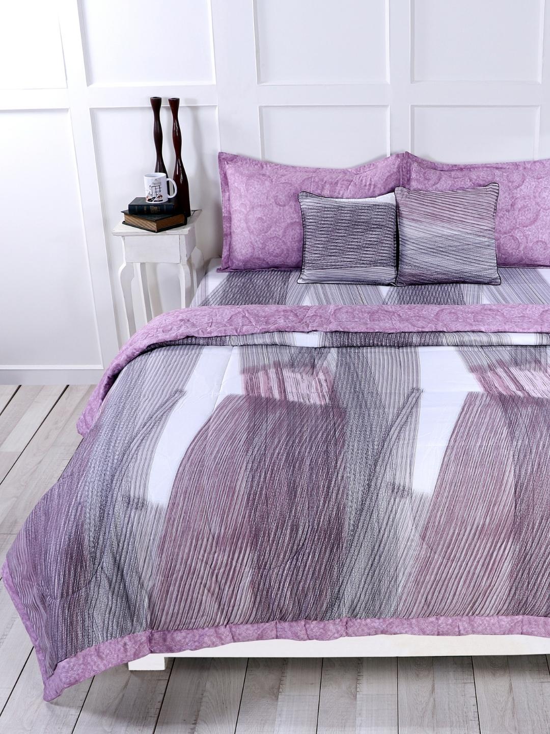 Cotton 6 Pcs Double Bed Bedding Set-Blue and Grey-Wine and Grey