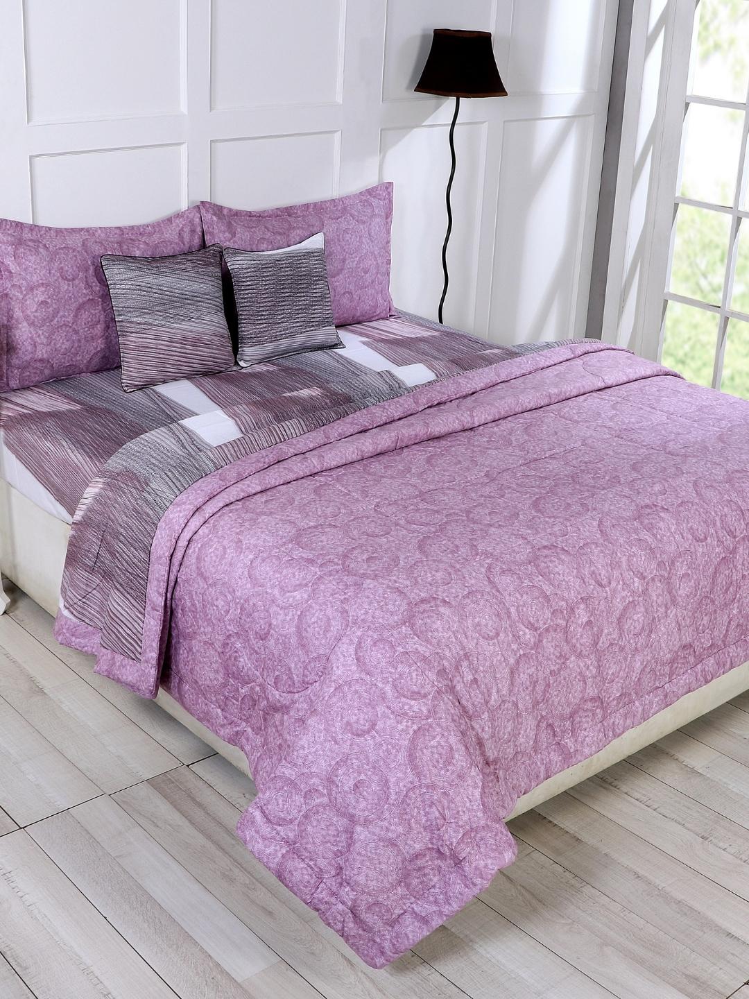 Cotton 6 Pcs Double Bed Bedding Set-Blue and Grey-Wine and Grey