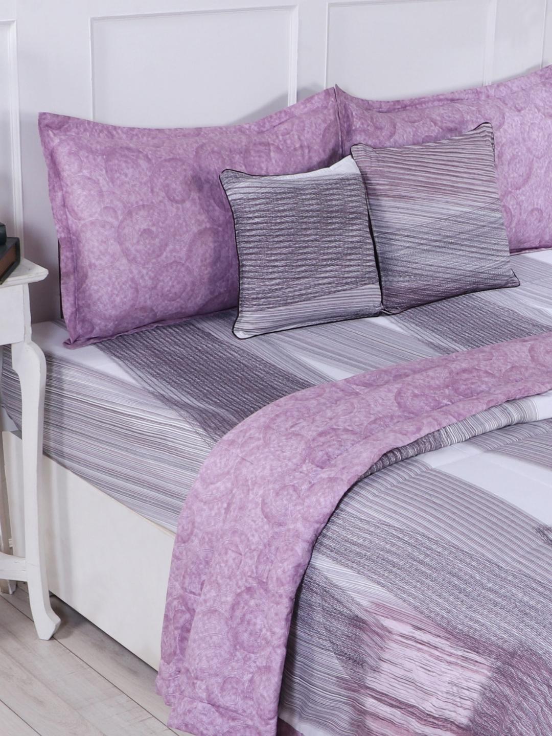 Cotton 6 Pcs Double Bed Bedding Set-Blue and Grey-Wine and Grey