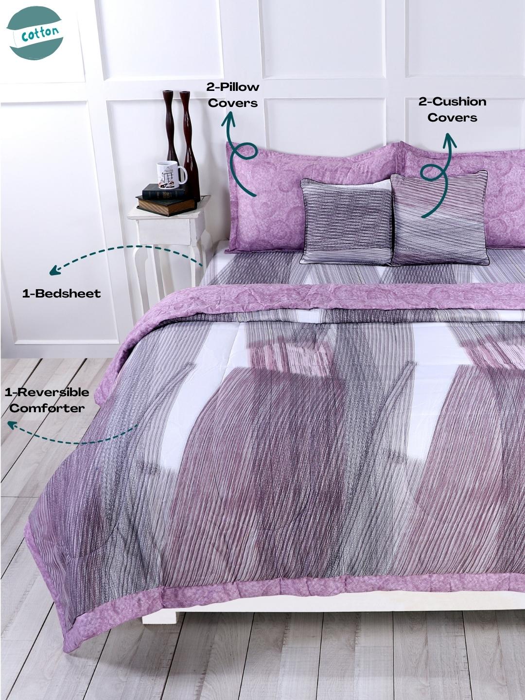 Cotton 6 Pcs Double Bed Bedding Set-Blue and Grey-Wine and Grey