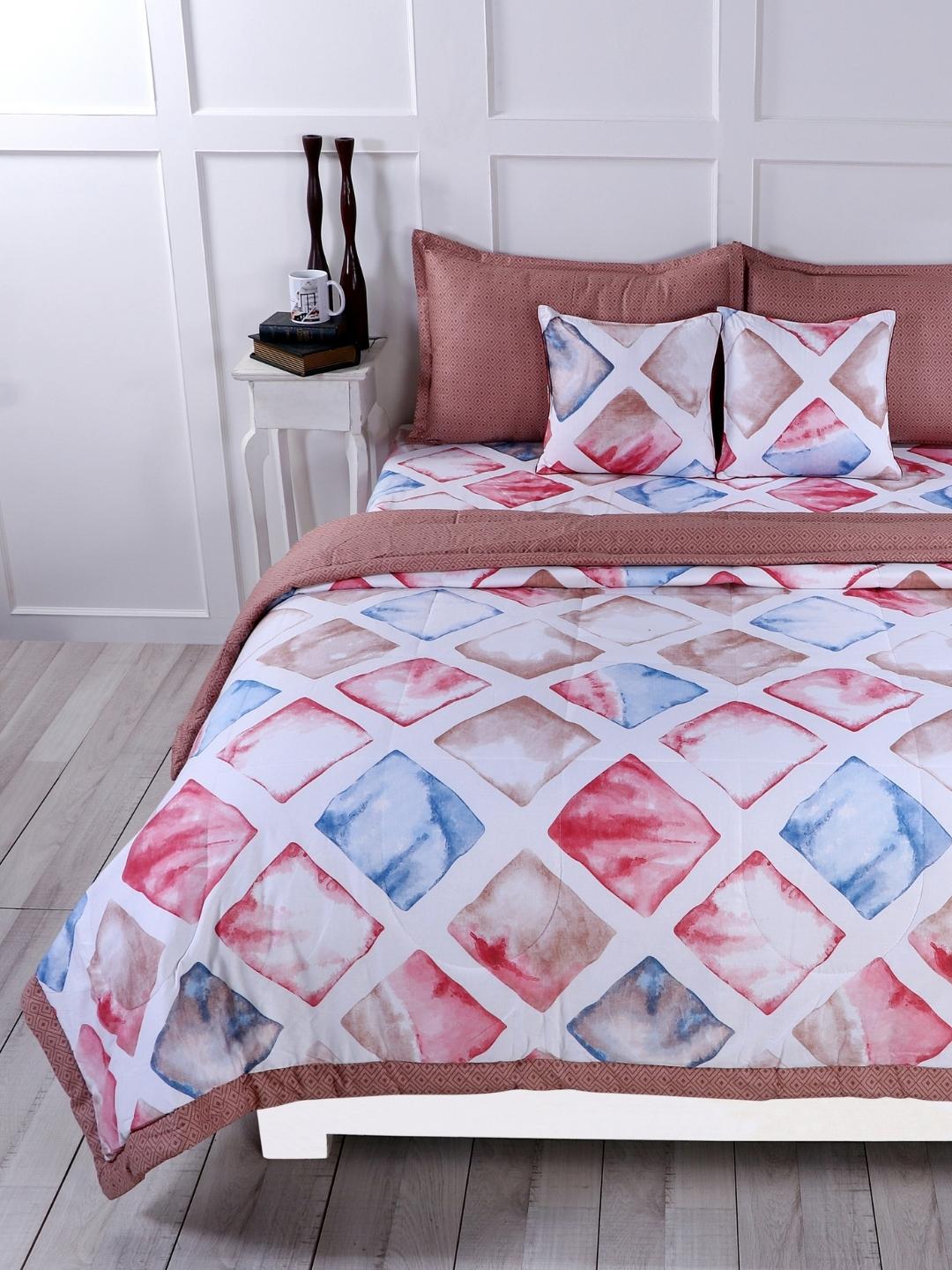 Cotton 6 Pcs Double Bed Bedding Set-Blue and Grey-Red and Brown