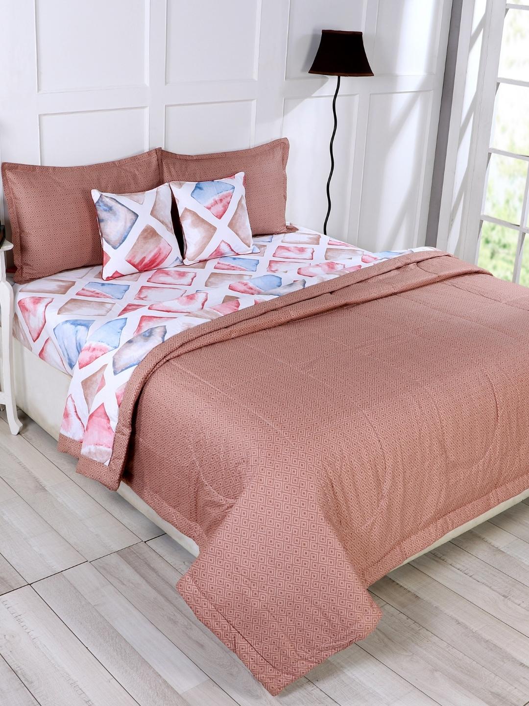Cotton 6 Pcs Double Bed Bedding Set-Blue and Grey-Red and Brown